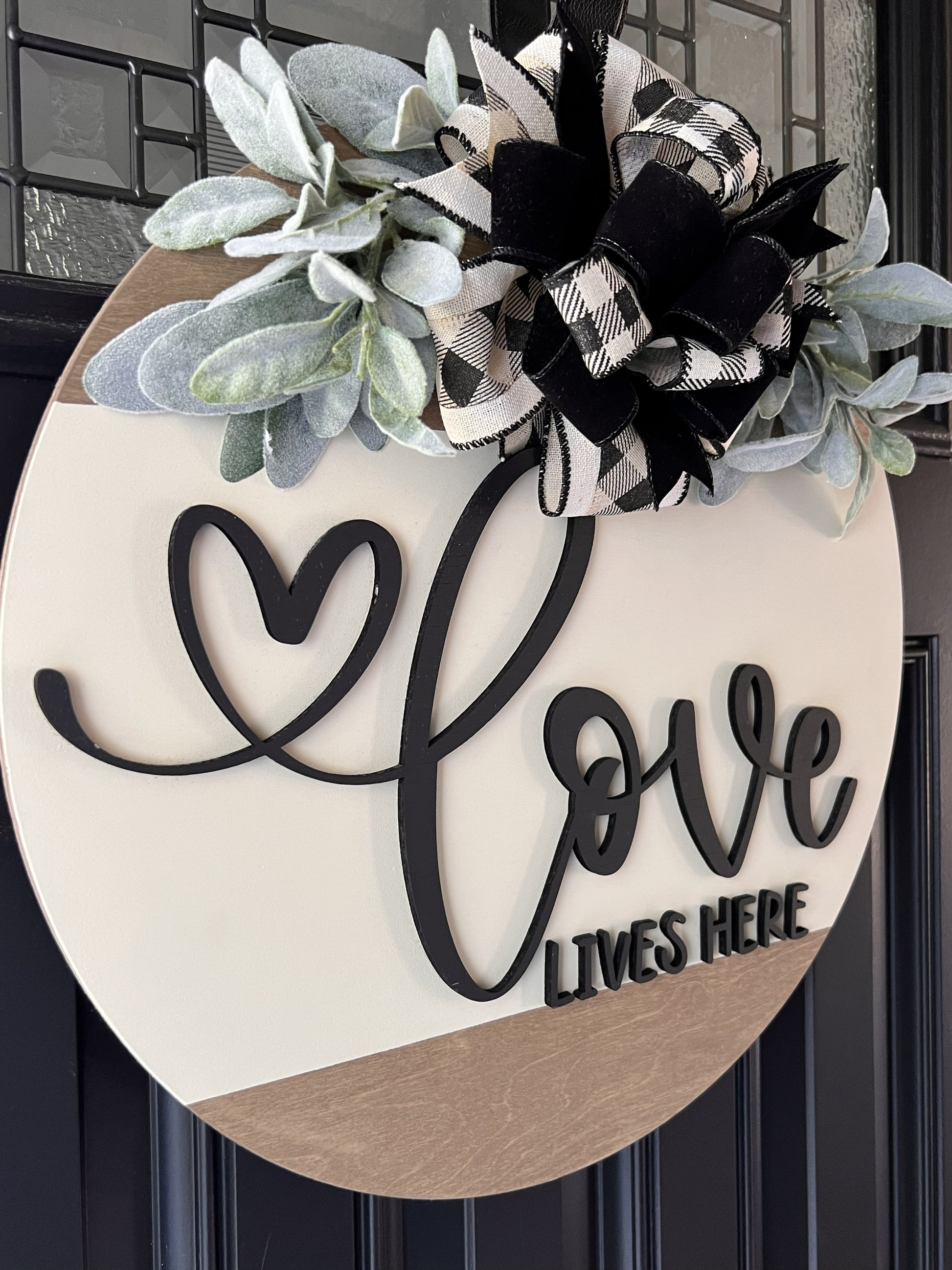 Love Lives Here- Black, Cream, Warm Stain, bow and Greenery, hanadmade, birchwood 