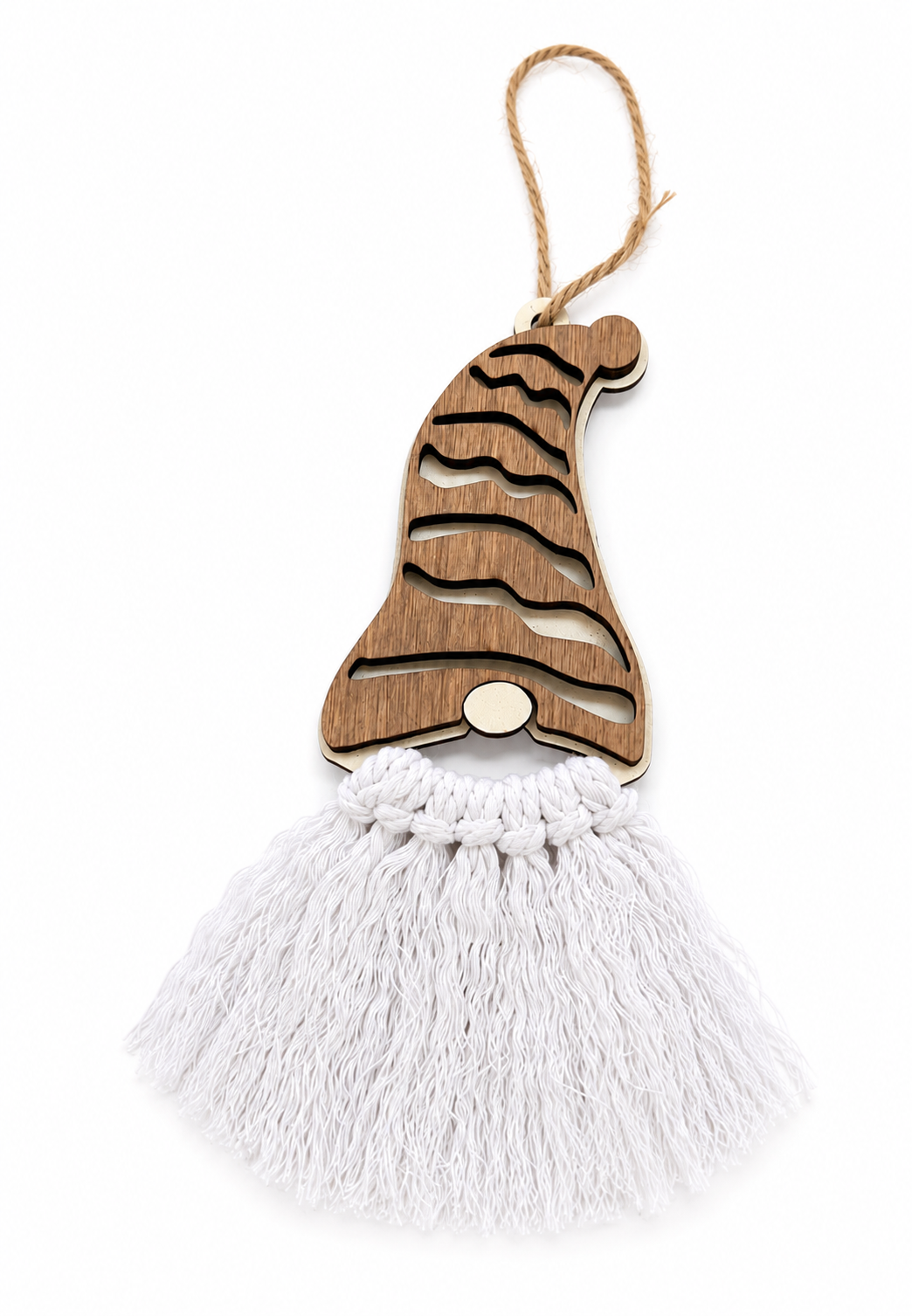 Wood gnome Christmas ornament with macrame beard on white background
