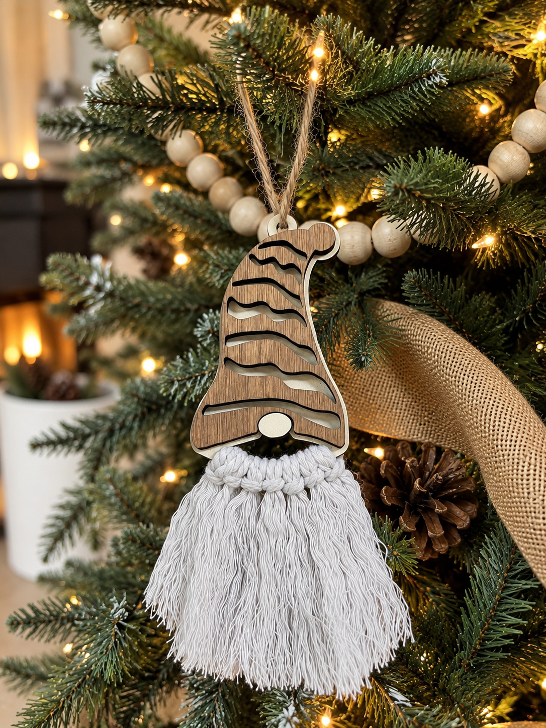 Wood gnome ornament hanging on Christmas tree
