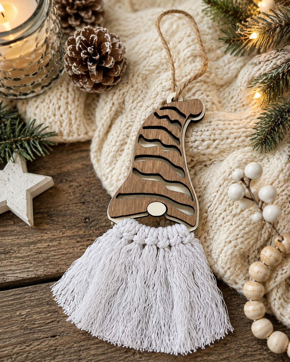 Wood gnome ornament with macrame beard in cozy farmhouse Christmas setting