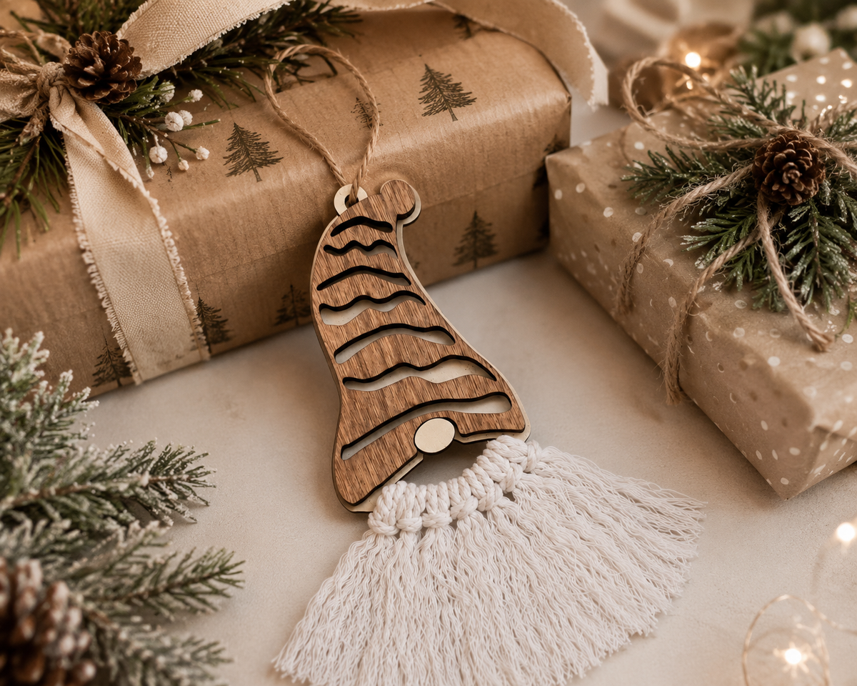 Wood gnome ornament displayed with Christmas gifts and greenery