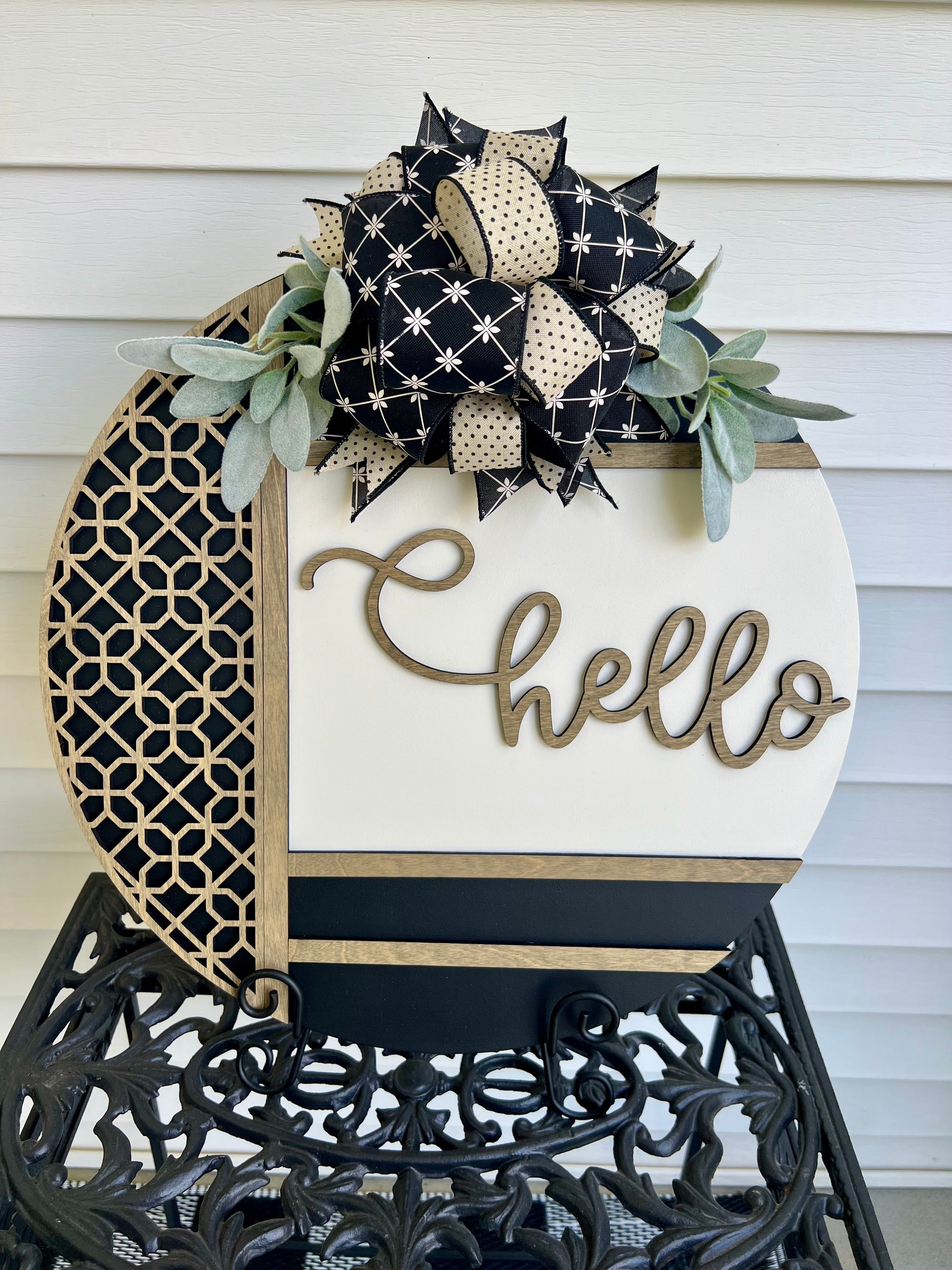 Modern Farmhouse Doorhanger, hello, white oak stain, black and white, designer bow and soft greenery
