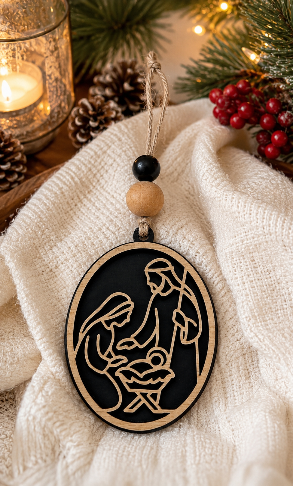 Black nativity ornament with twine hanger on dark background showing detail