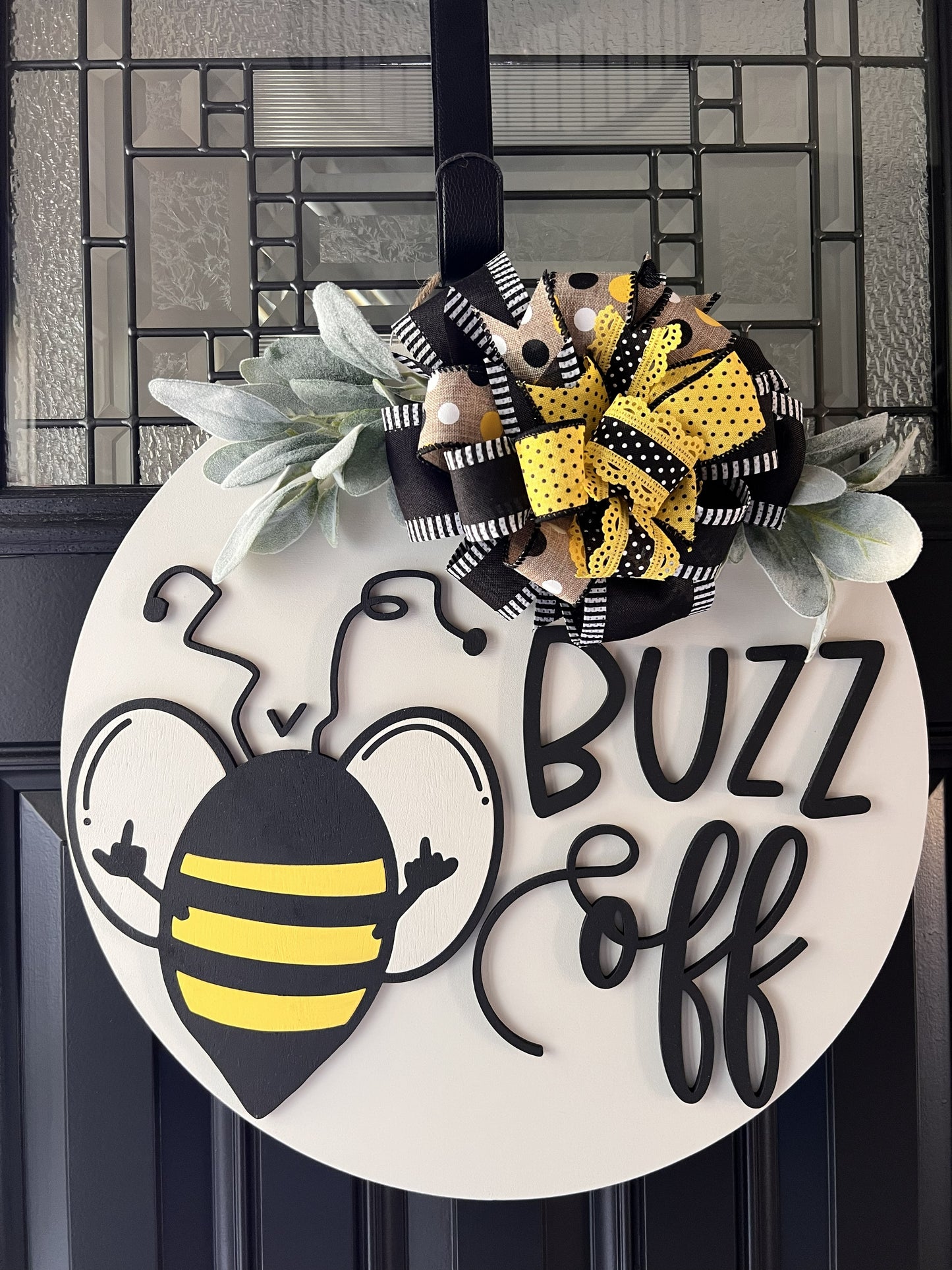 “Buzz Off bee door hanger black yellow farmhouse front door decor”