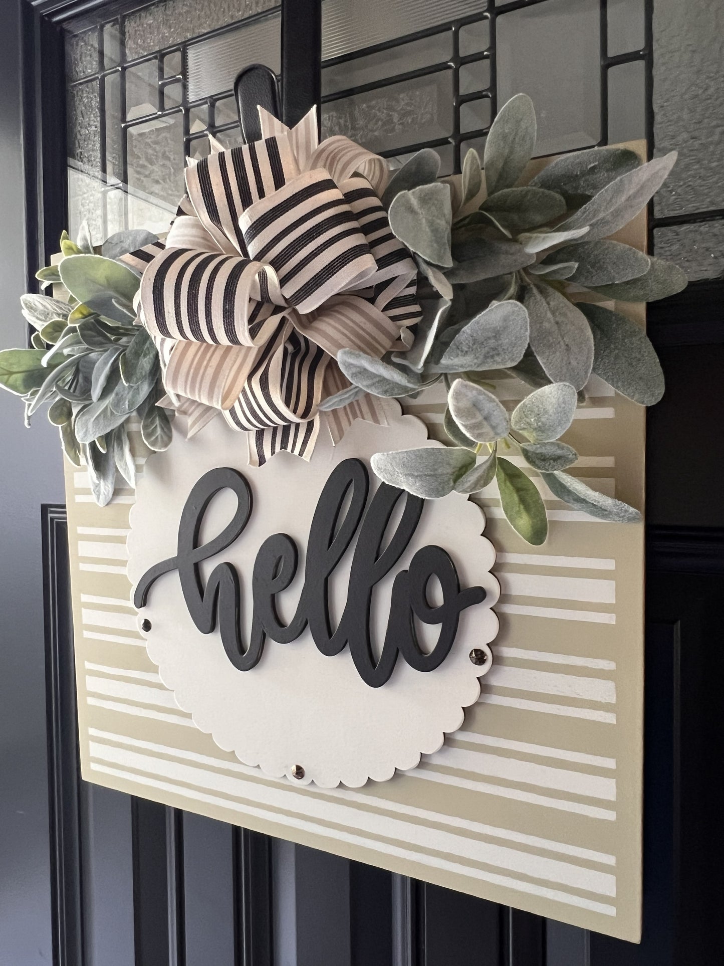farmhouse square door sign with layered wood hello lettering