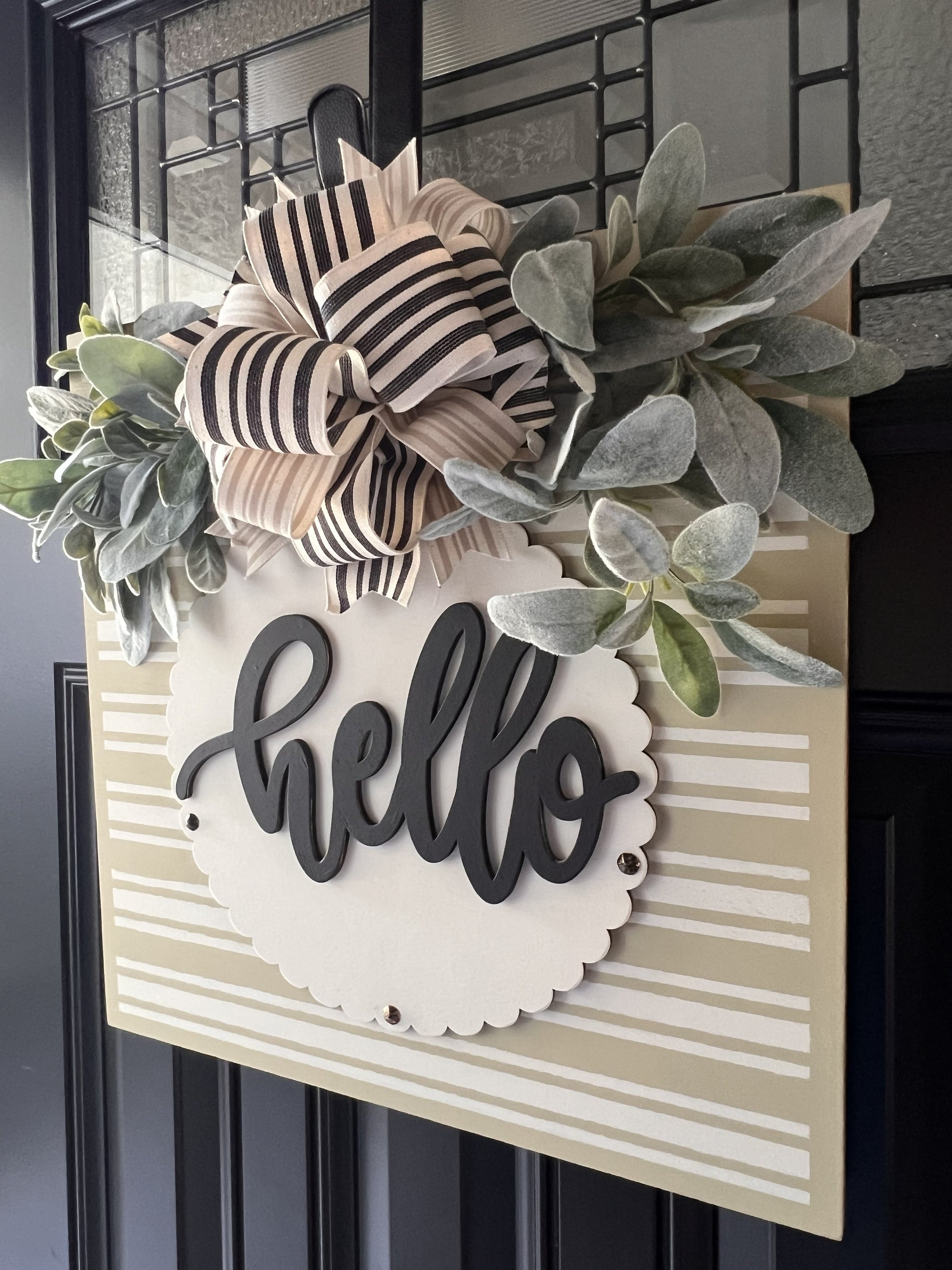 farmhouse square door sign with layered wood hello lettering