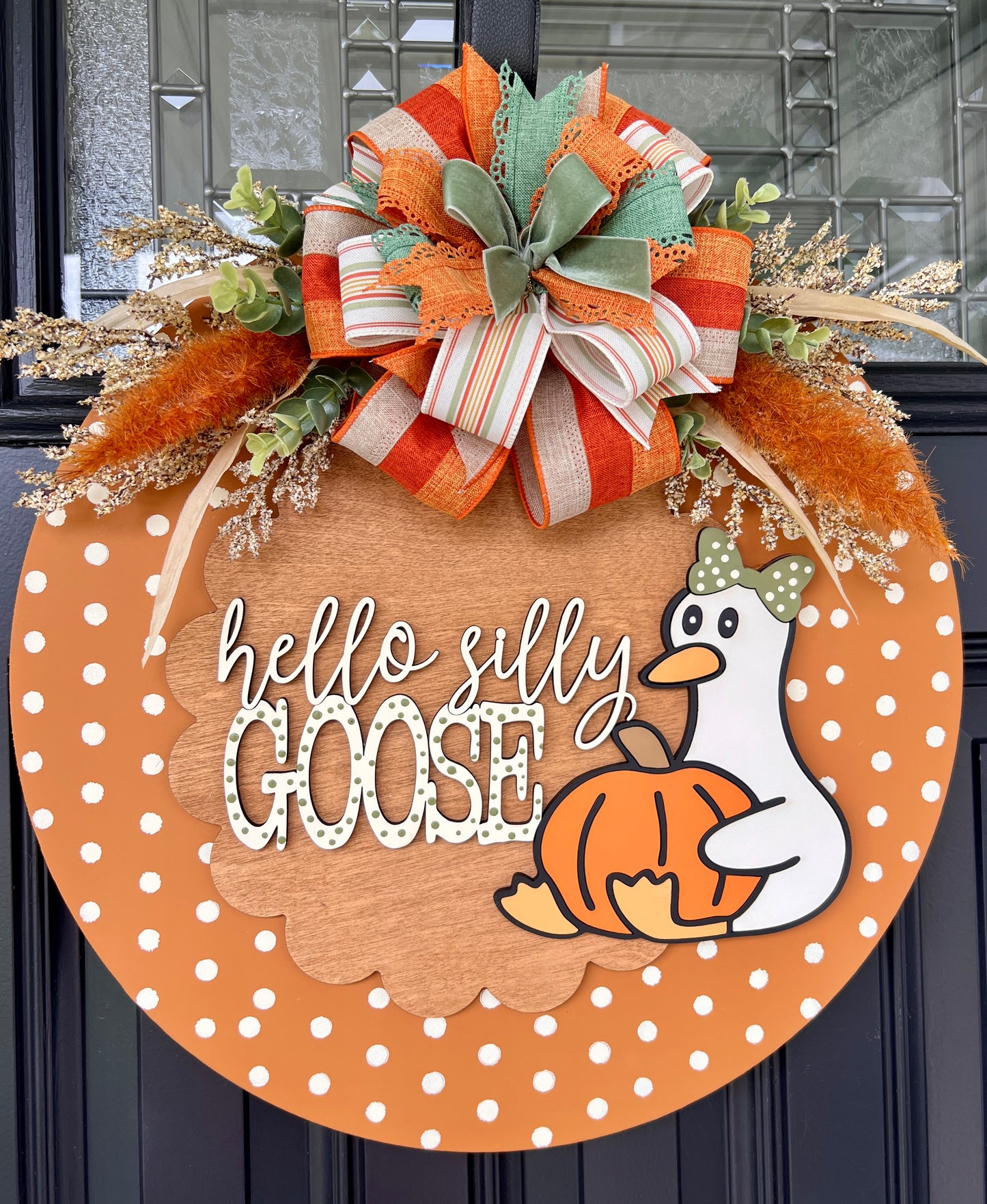 Hello Silly Goose birchwood door hanger with goose and pumpkin - front view close up
