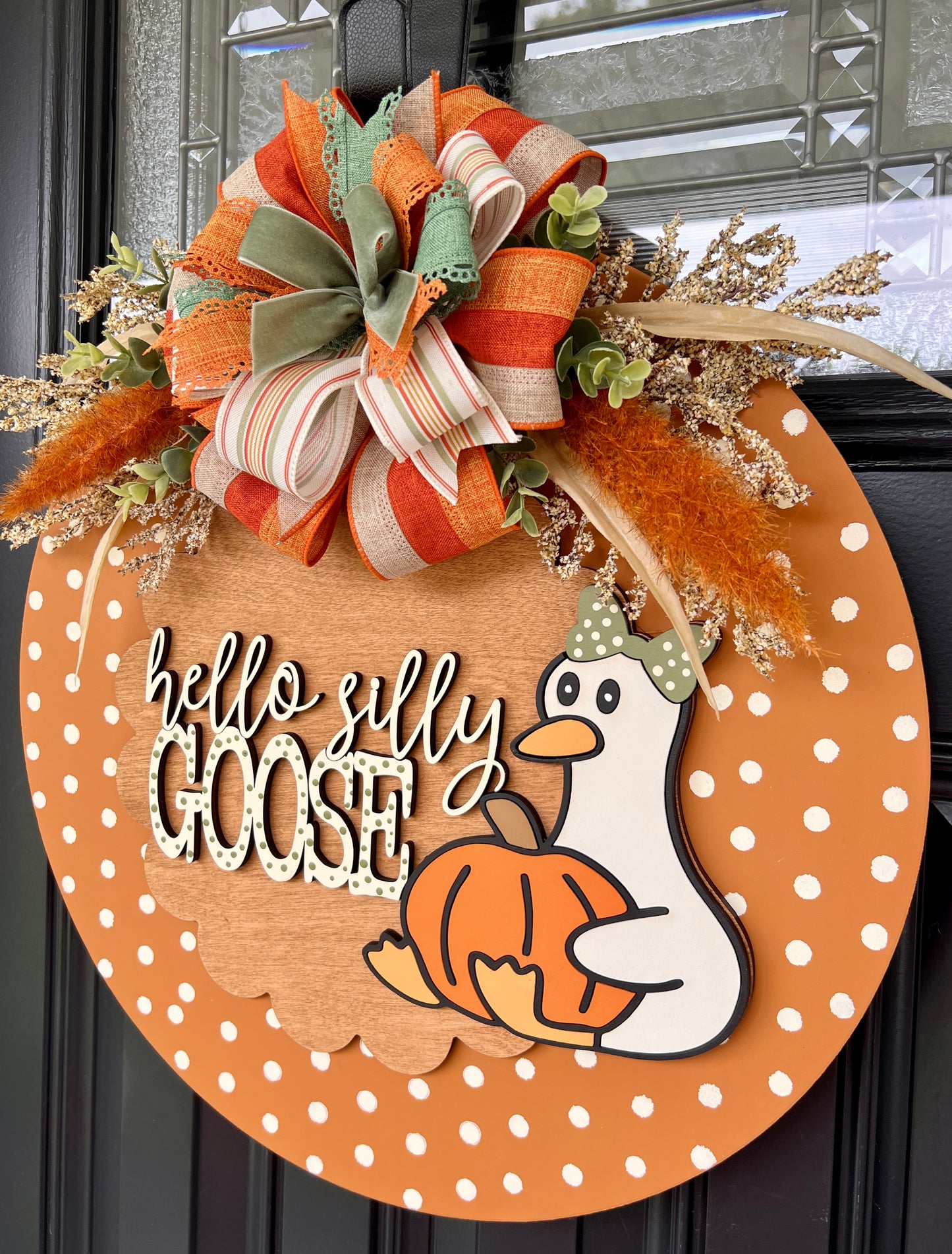 Hello Silly Goose fall door hanger full view on black front door