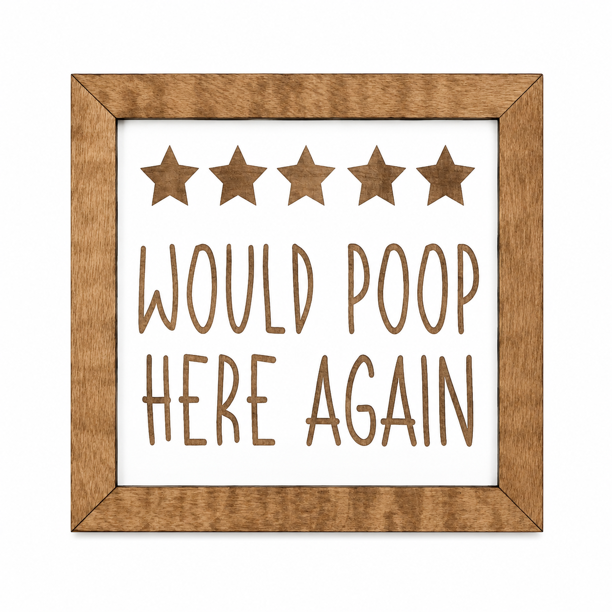Would Poop Here Again engraved birch wood sign with five stars on white background, showing warm stained wood frame and laser engraved text