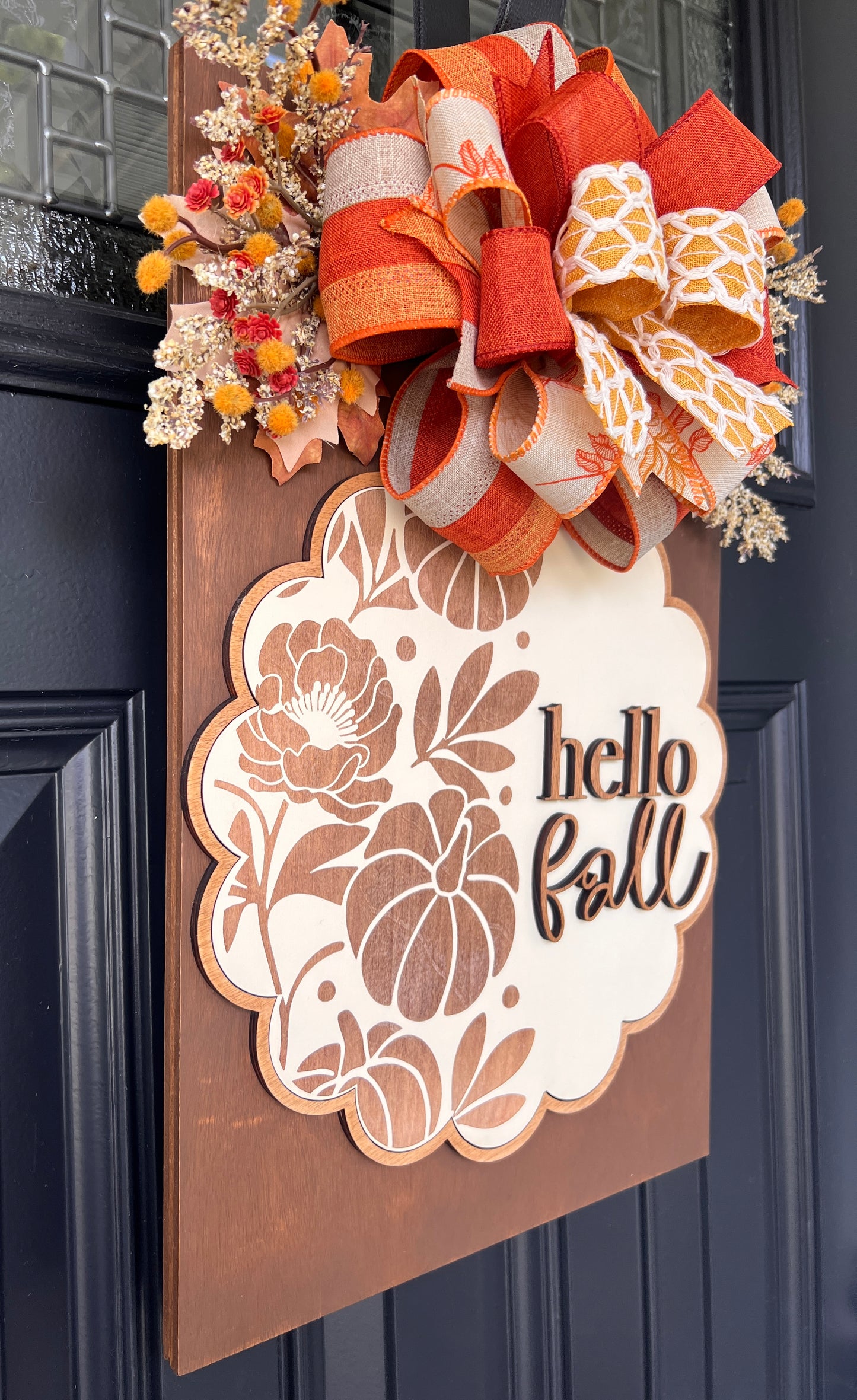 Hello Fall Engraved Scalloped Rectangle Door Hanger | 12x18" Birchwood Pumpkin Floral Sign | Farmhouse Fall Front Door Decor