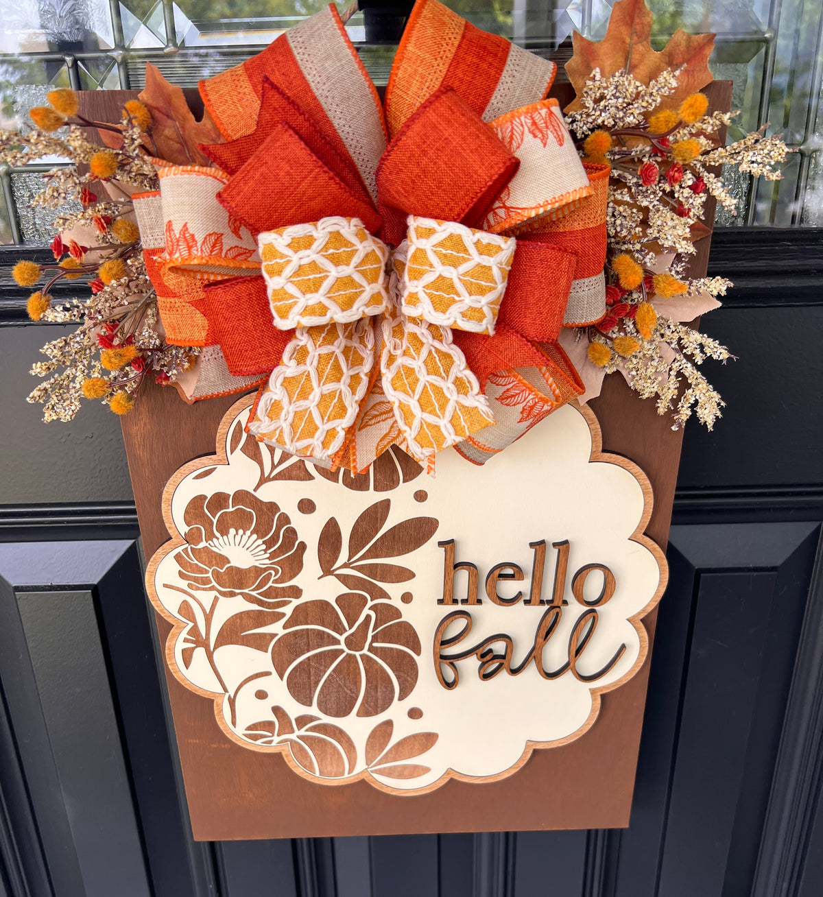 Hello Fall Engraved Scalloped Rectangle Door Hanger | 12x18" Birchwood Pumpkin Floral Sign | Farmhouse Fall Front Door Decor