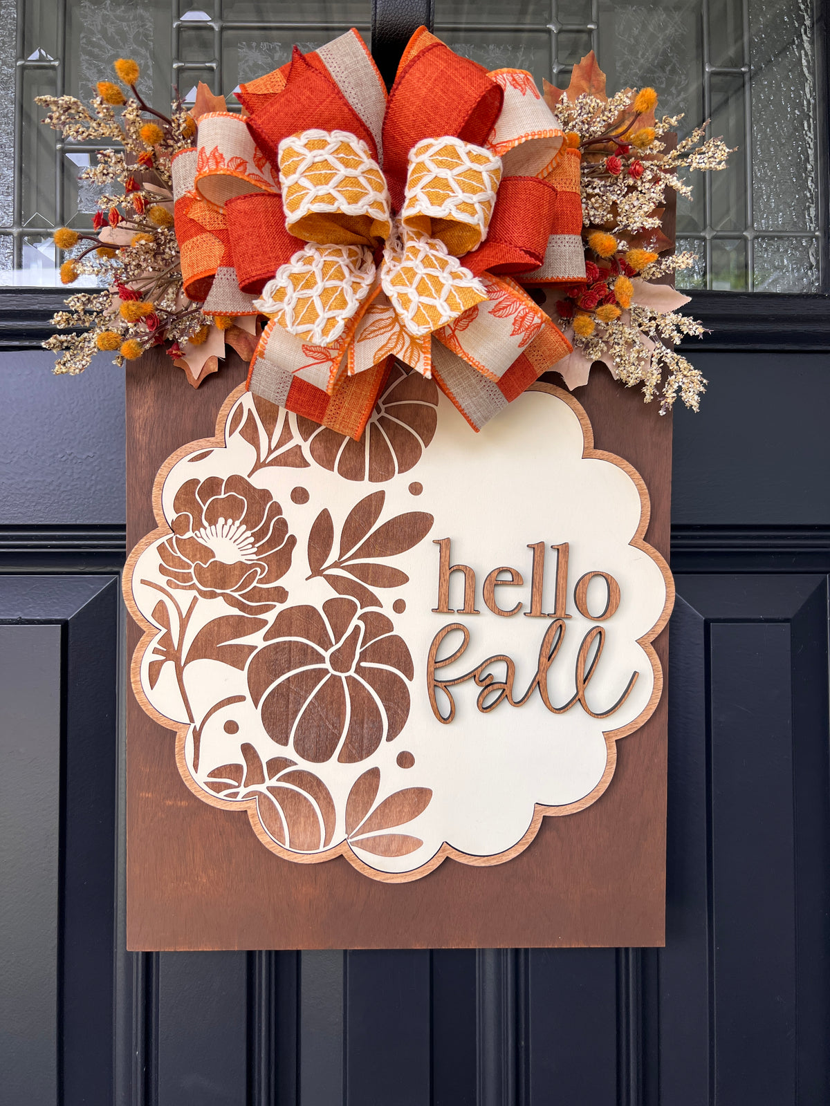 Hello Fall Engraved Scalloped Rectangle Door Hanger | 12x18" Birchwood Pumpkin Floral Sign | Farmhouse Fall Front Door Decor