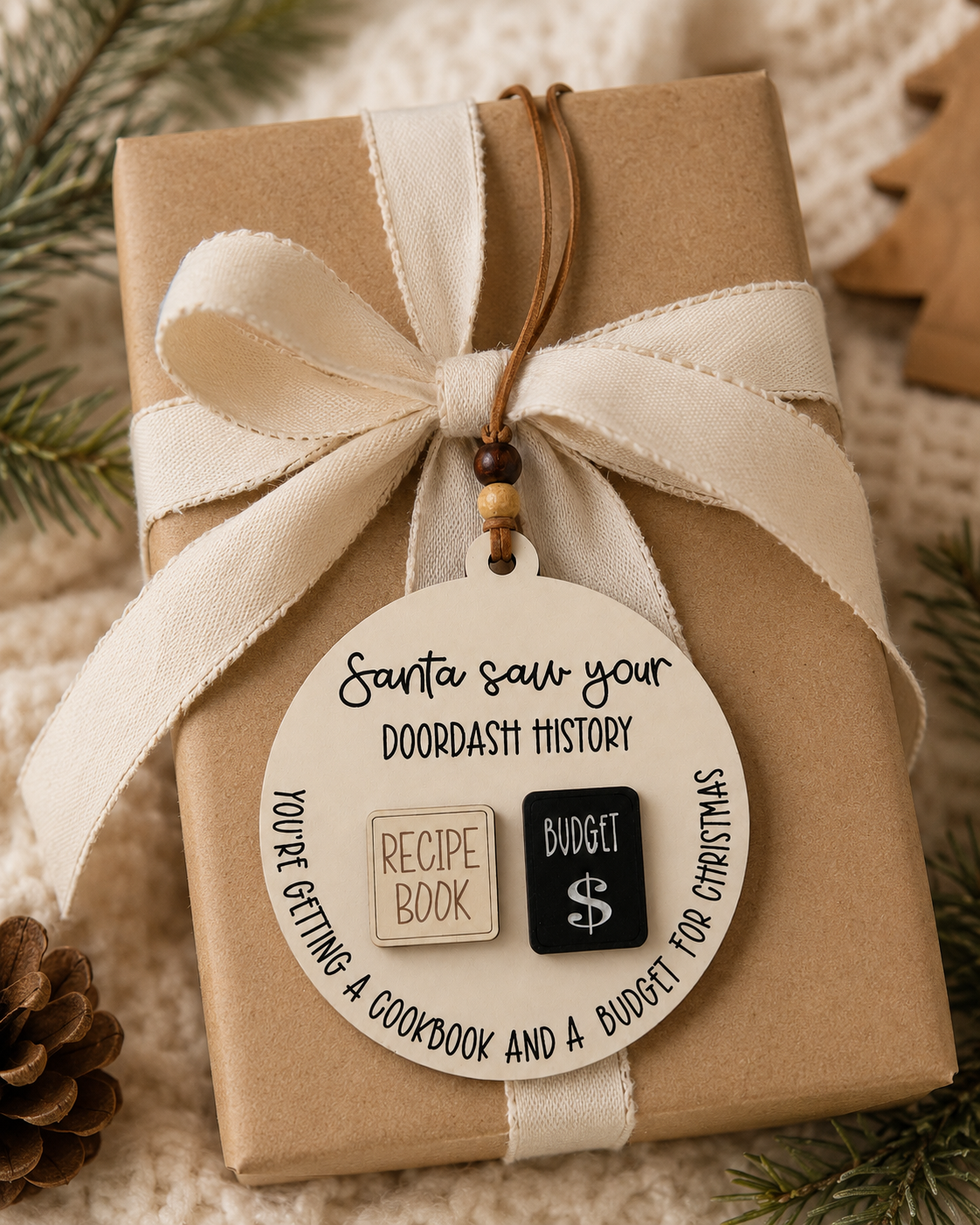 A wrapped gift box in brown kraft paper with a cream ribbon bow, decorated with a round hanging tag that reads 'Santa saw your doordash history' and includes small recipe book and budget coin illustrations. Pine branches and a pinecone are visible around the gift.