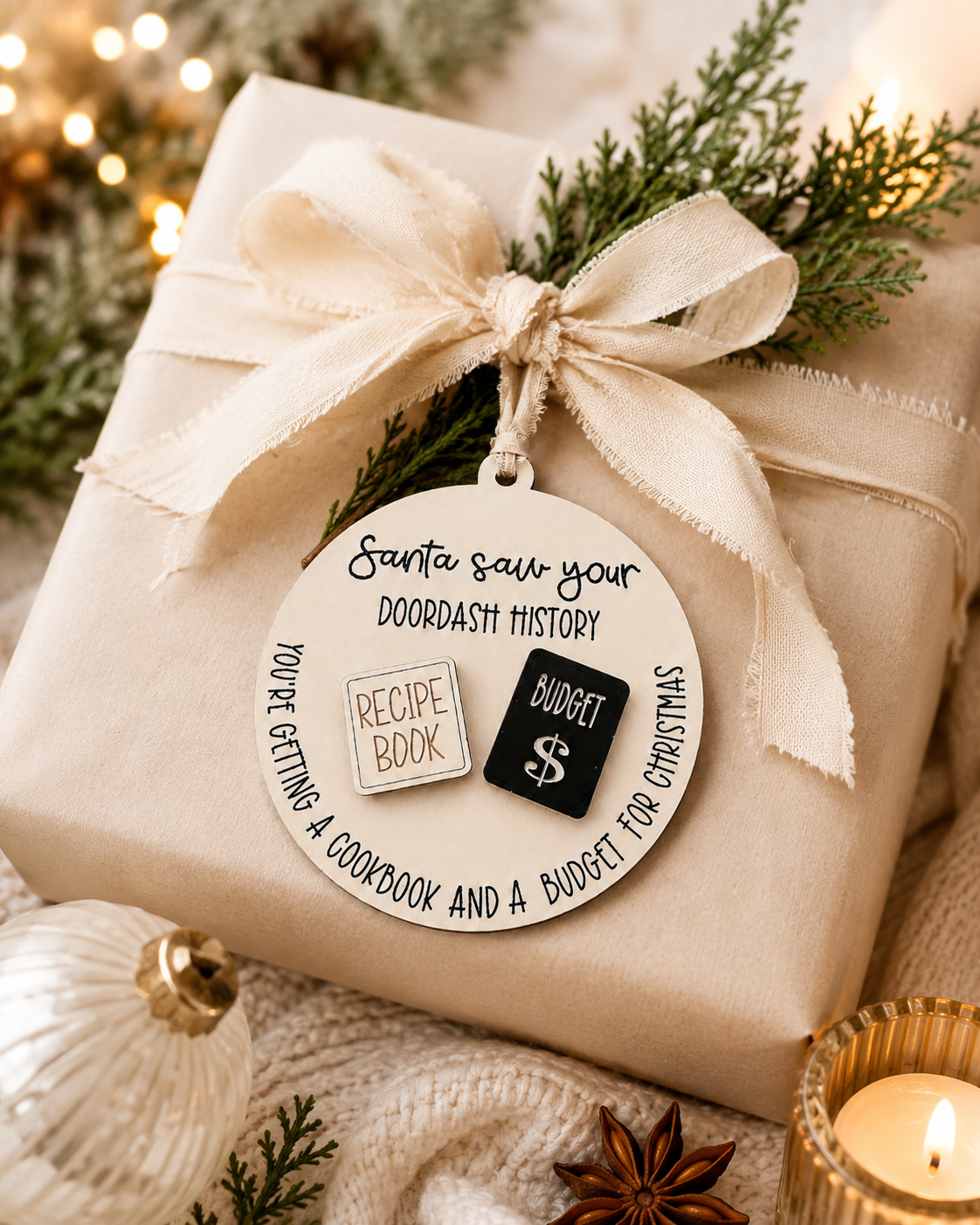 A wrapped gift box tied with a cream ribbon and decorated with greenery, featuring a round hanging tag that reads 'Santa saw your doordash history' and includes small recipe book and budget coin charms. The scene is styled with a candle, white ornament, star anise, and warm blurred lights in the background.