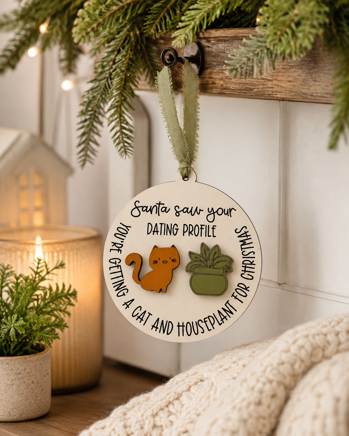 Round Santa Saw Your Dating Profile ornament displayed on a wrapped gift with greenery