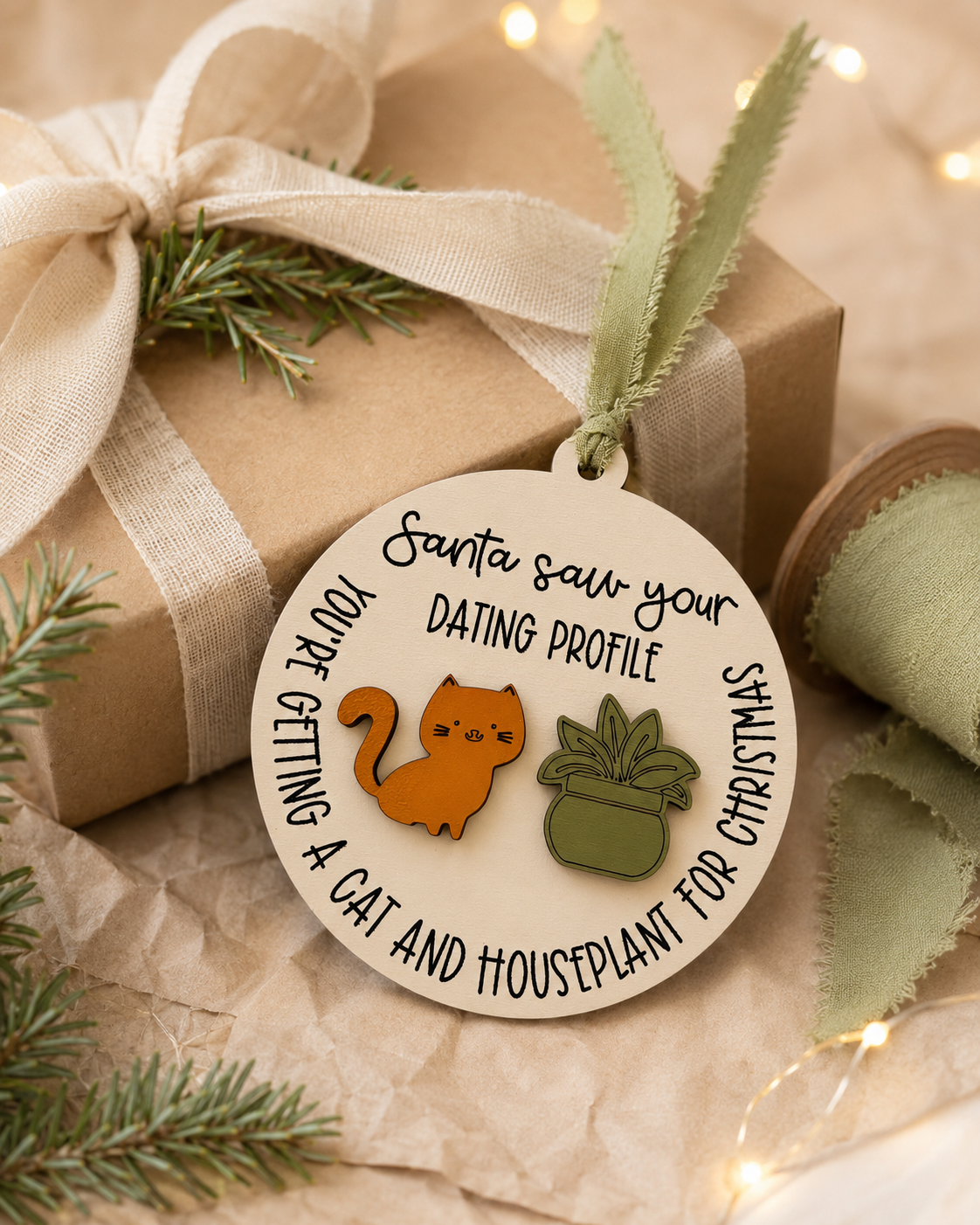 Round Santa Saw Your Dating Profile ornament hanging on a lit Christmas tree