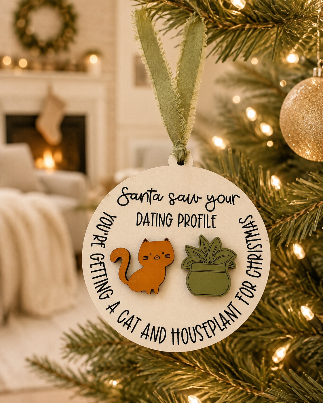Round Santa Saw Your Dating Profile ornament hanging on a wall with holiday decor