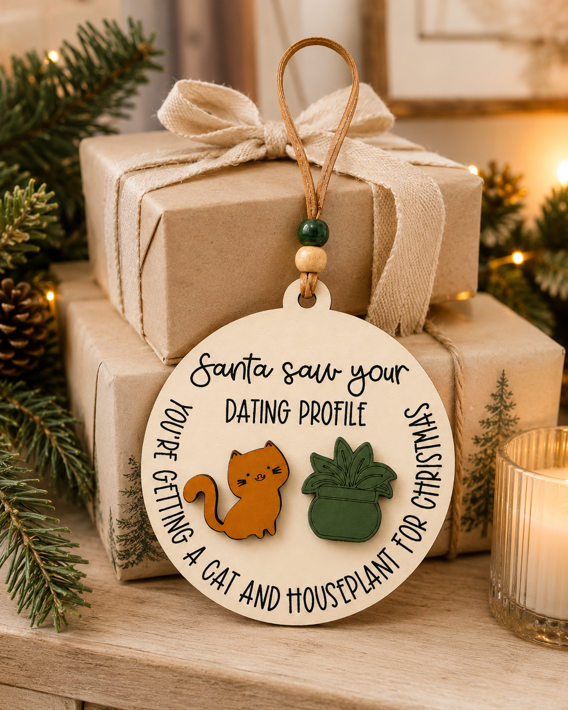 Close-up of a round Santa Saw Your Dating Profile ornament with cat and houseplant artwork