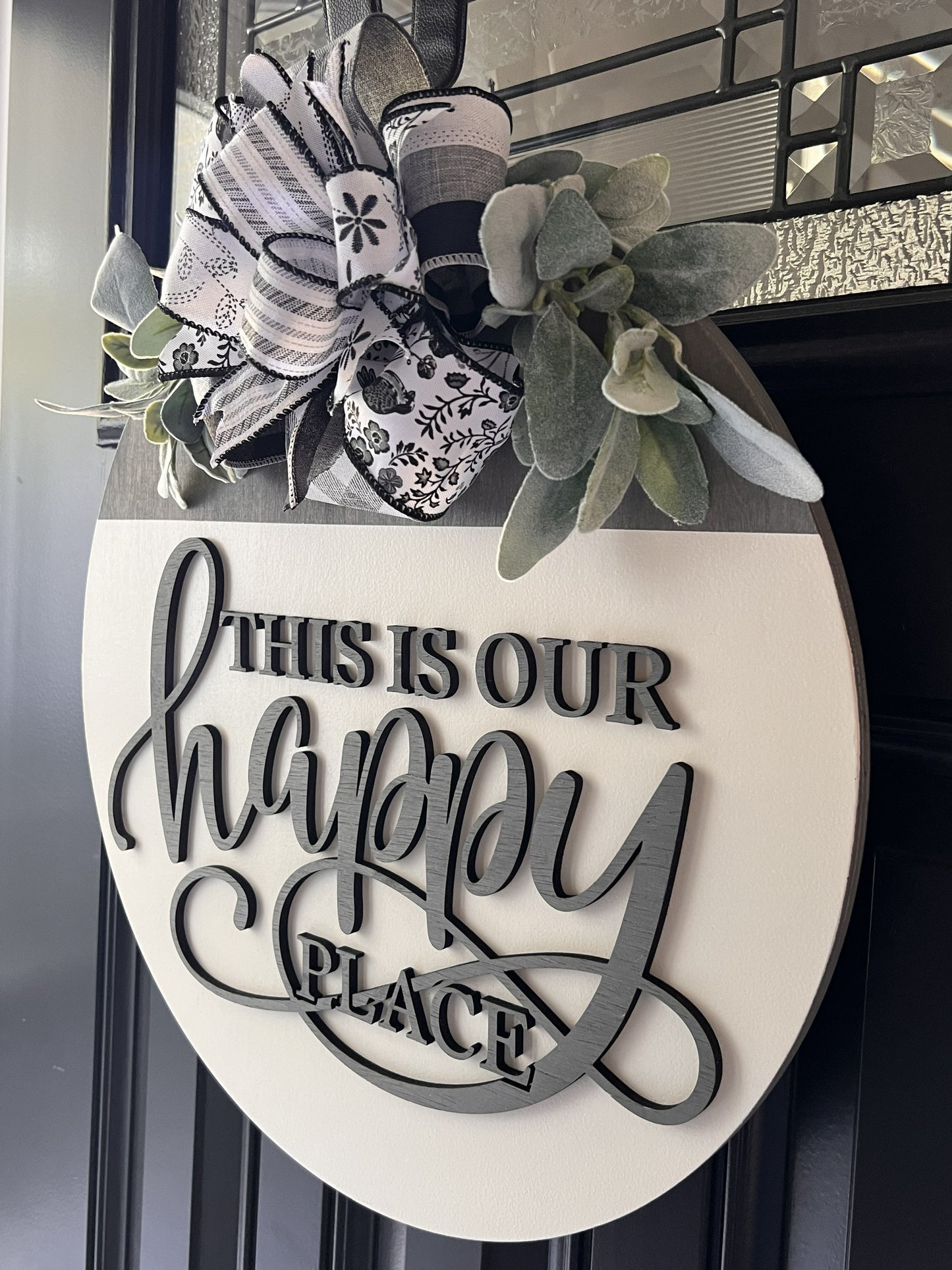 “Neutral front door sign with bow greenery handmade wood sign”