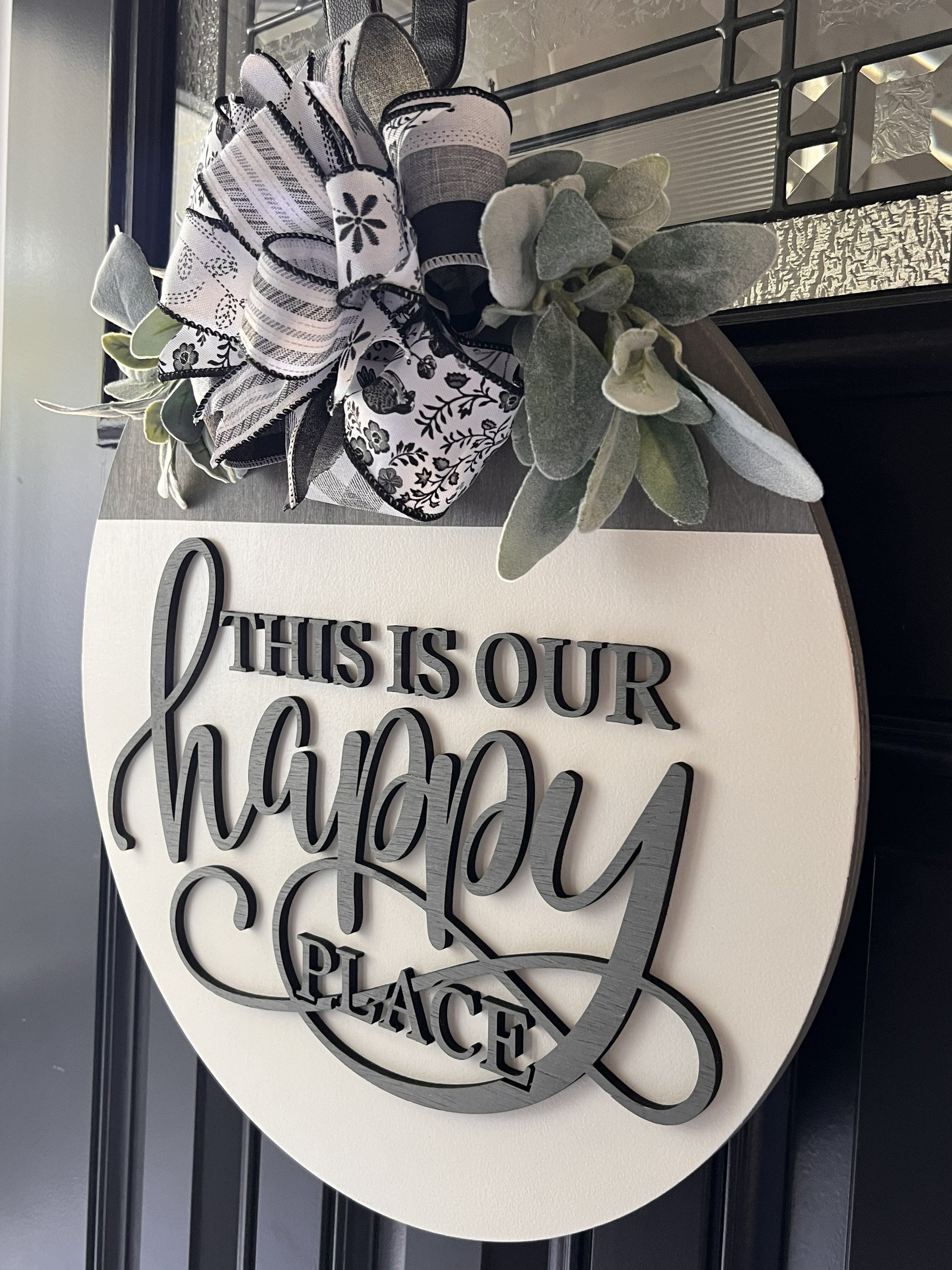 “Neutral front door sign with bow greenery handmade wood sign”