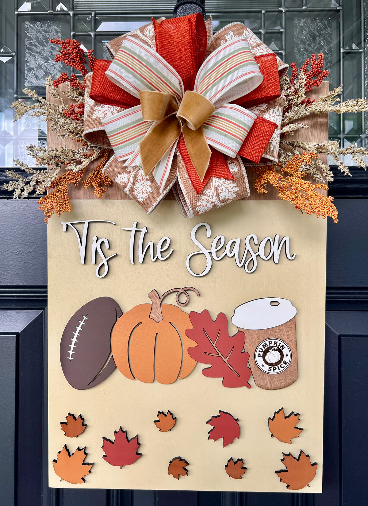 'Tis the Season fall door hanger with football, pumpkin, pumpkin spice latte and fall leaves - front view