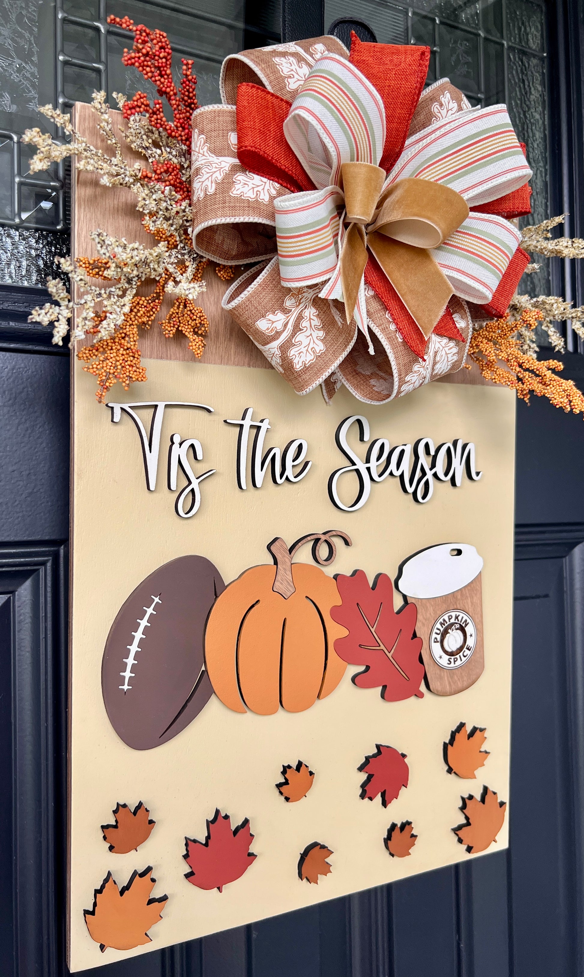 'Tis the Season fall door hanger - ribbon bow detail