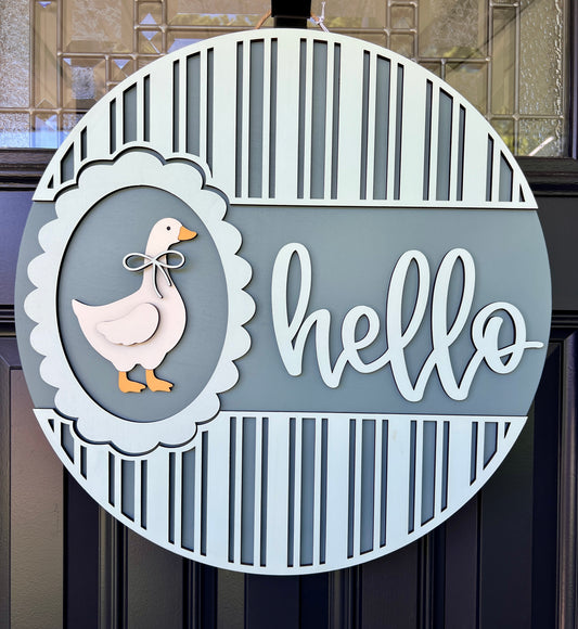 Vintage Goose Hello door hanger – porch goose craze 18" round birchwood sign in farmhouse style