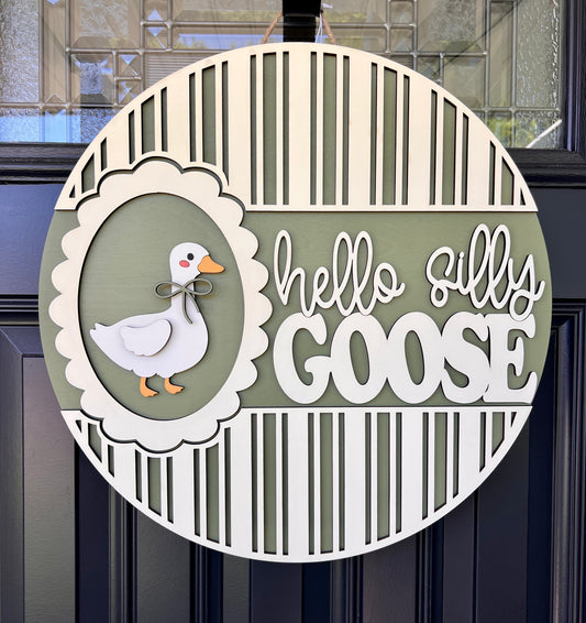 Hello Silly Goose vintage goose round door hanger in wilderness green and cream – porch goose decor 18"