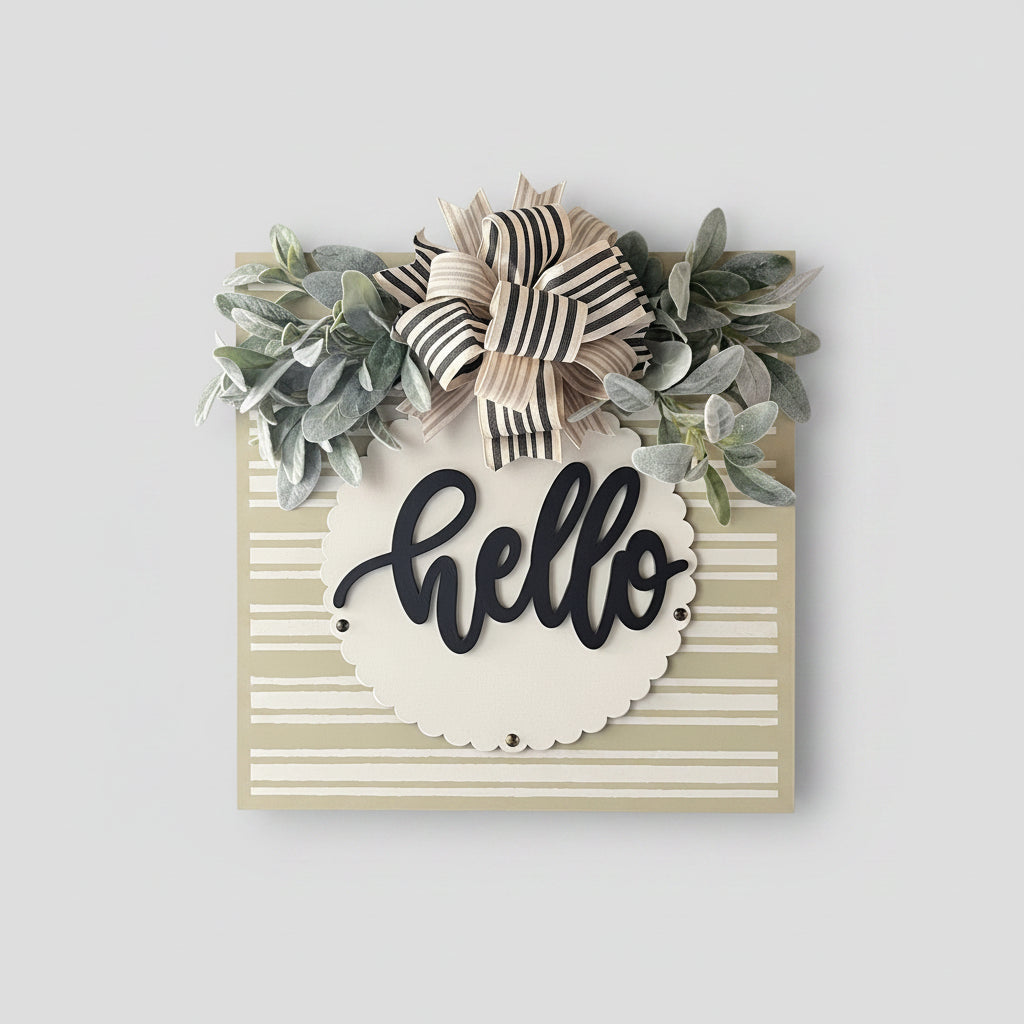 Vintage Vibe neutral hello door hanger with striped background and greenery bow