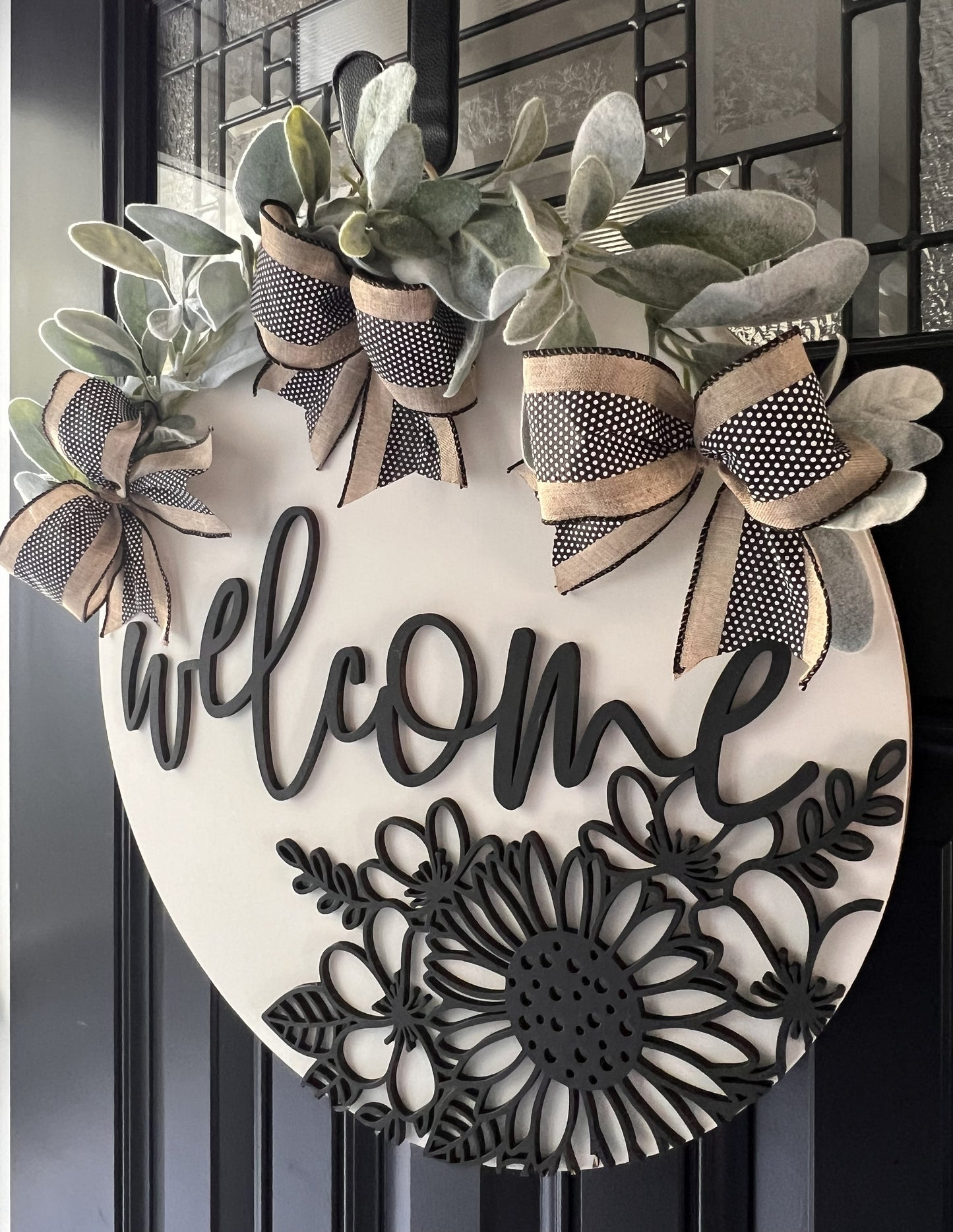 elegant black and white door hanger with "Welcome" text  for front porch decor