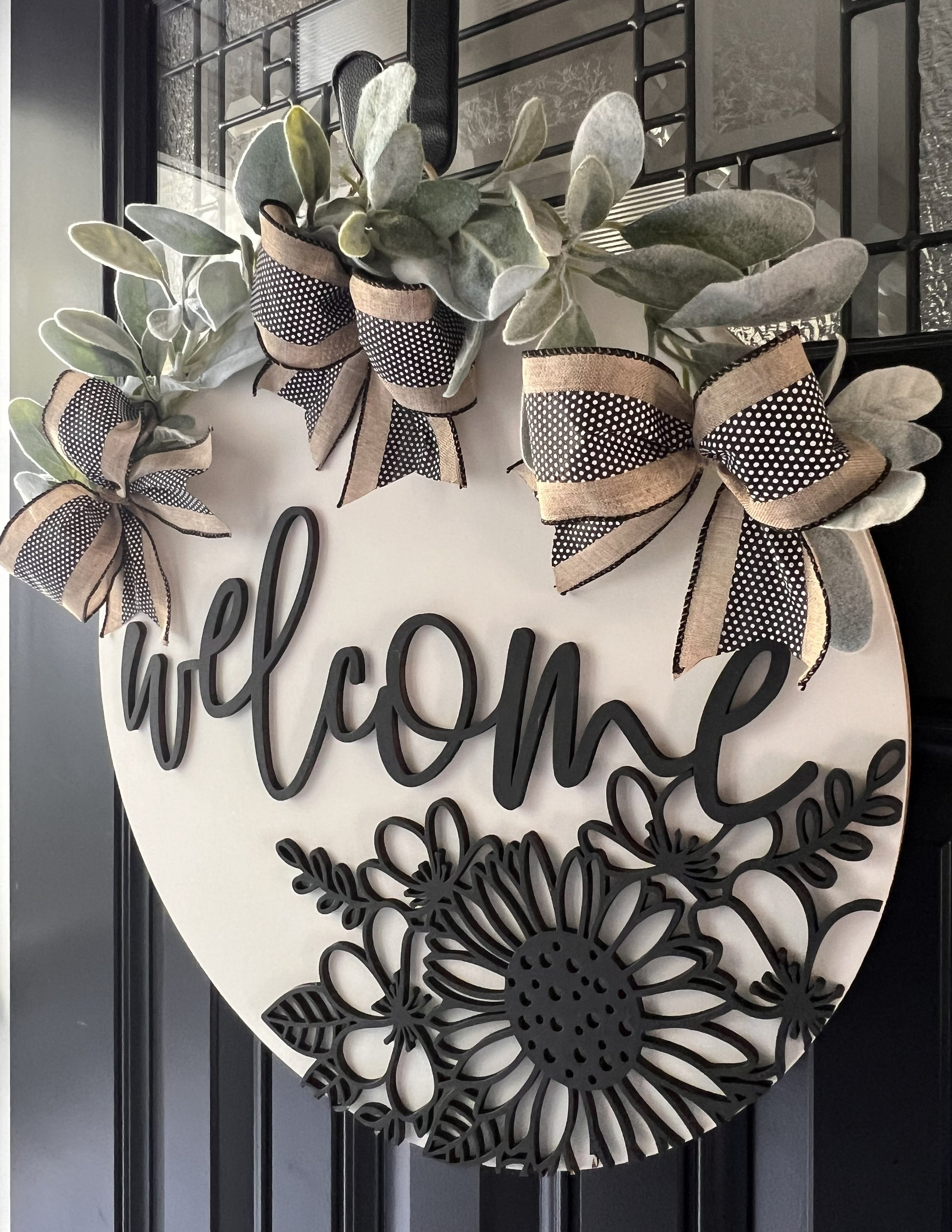 elegant black and white door hanger with "Welcome" text  for front porch decor
