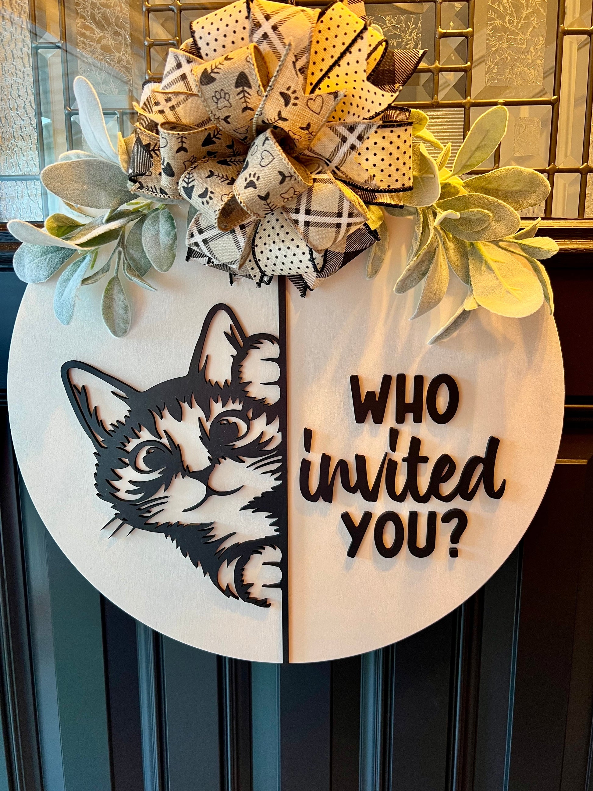 “Funny cat door hanger with peeking cat design and ‘Who Invited You?’ text, handmade pet welcome sign”