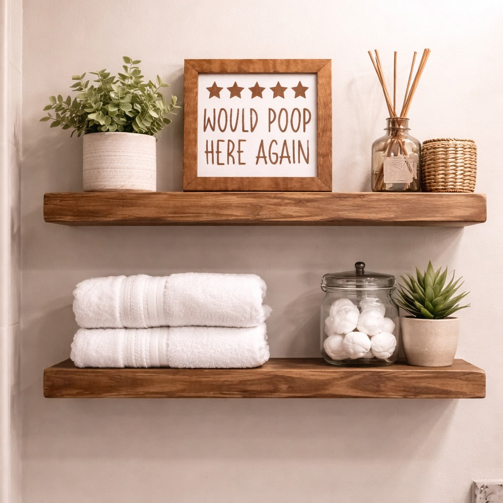 Would Poop Here Again engraved birch wood sign with five stars, styled on a farmhouse bathroom shelf with plants and reed diffuser