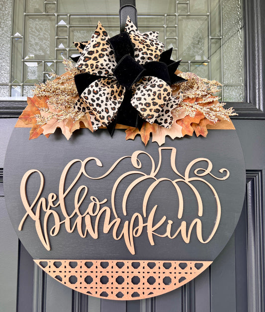 Hello Pumpkin Black & Leopard Print Door Hanger | Fall Front Door Decor