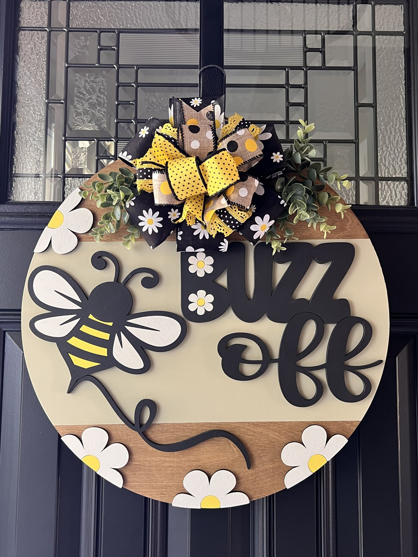 bee door hanger with daisies summer decor
farmhouse bee wreath wooden round door hanger
funny bee sign summer porch decor handmade
black yellow bee door hanger with bow and greenery
