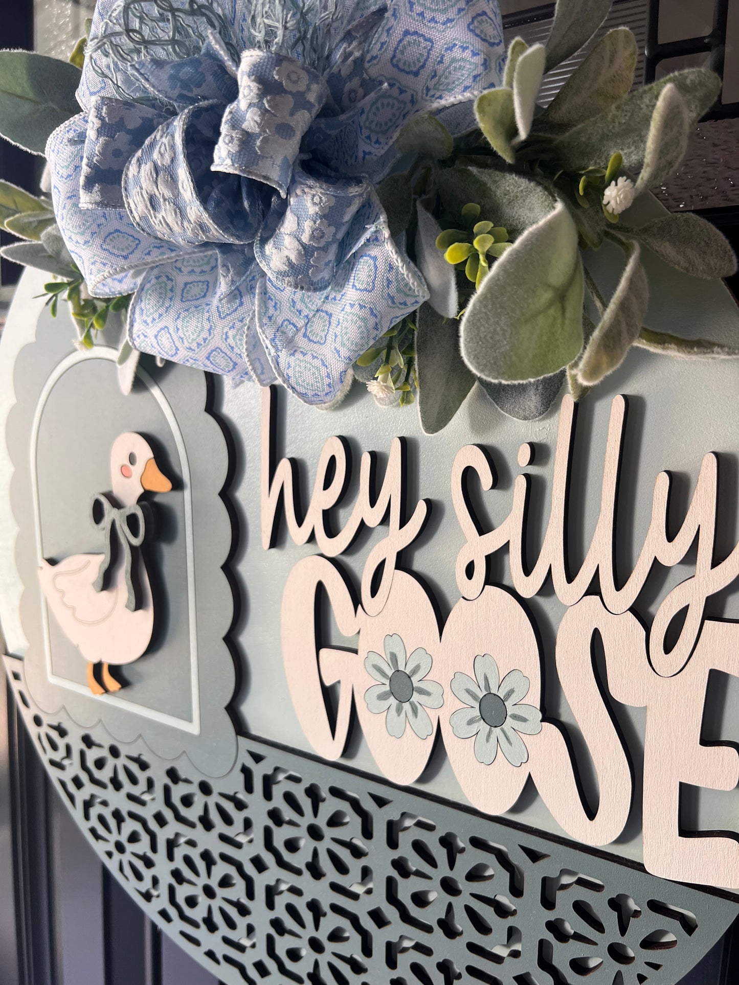 close up goose door hanger 3d layered wood sign laser cut detail