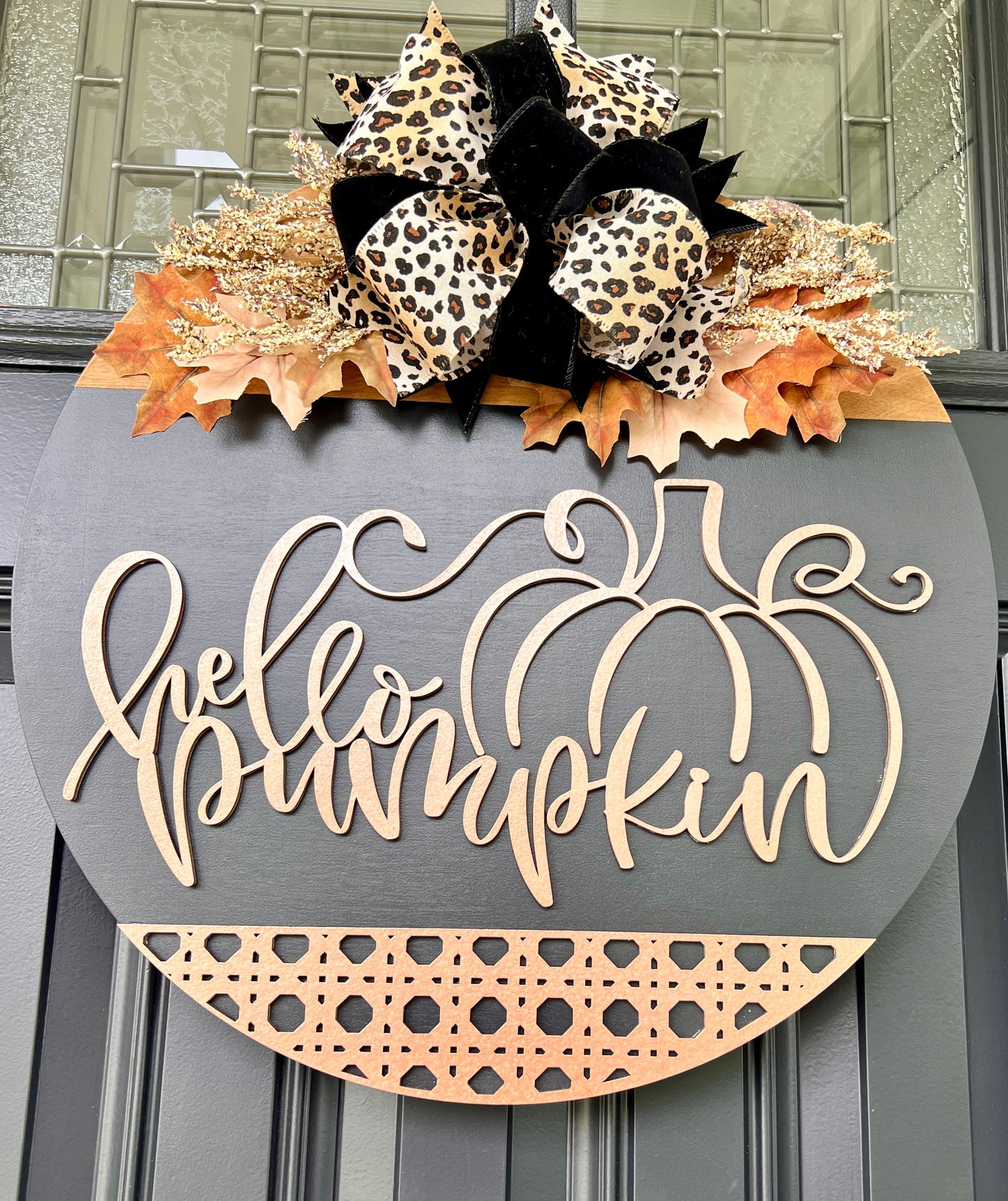 Hello Pumpkin Black & Leopard Print Door Hanger | Fall Front Door Decor