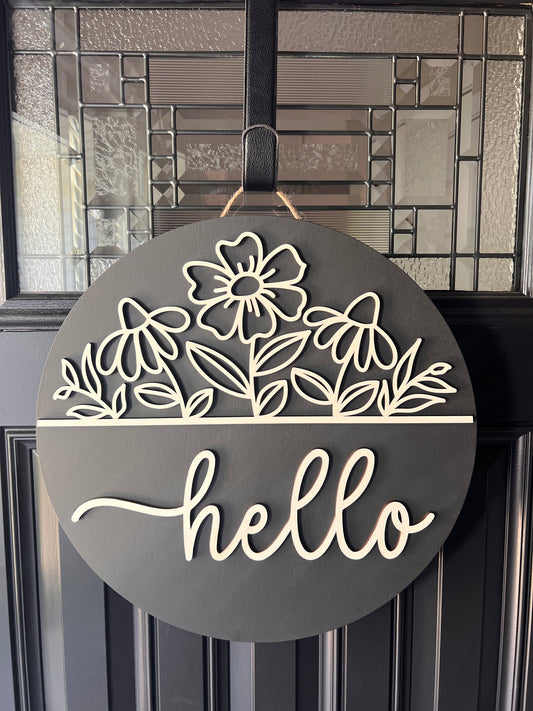 hello floral door hanger black modern wood sign