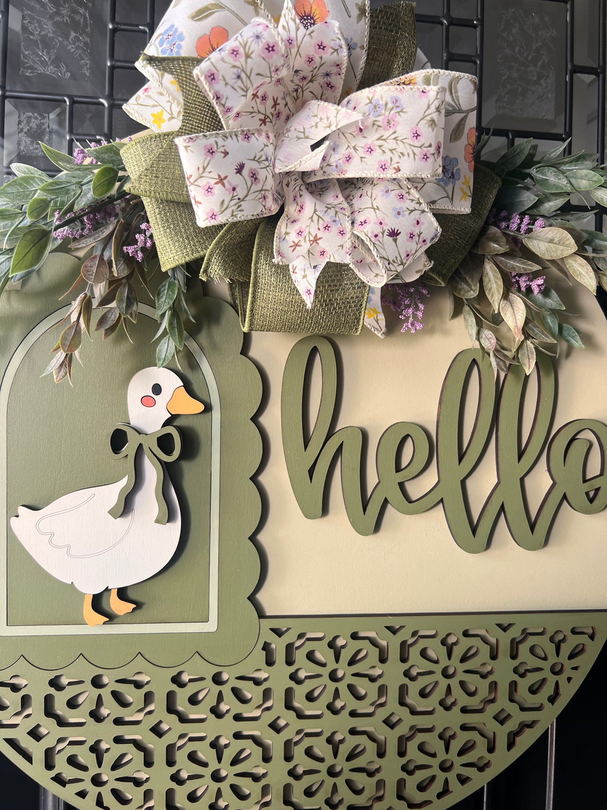 hello goose door hanger- cream and green 18 inch round wooden sign front door decor 