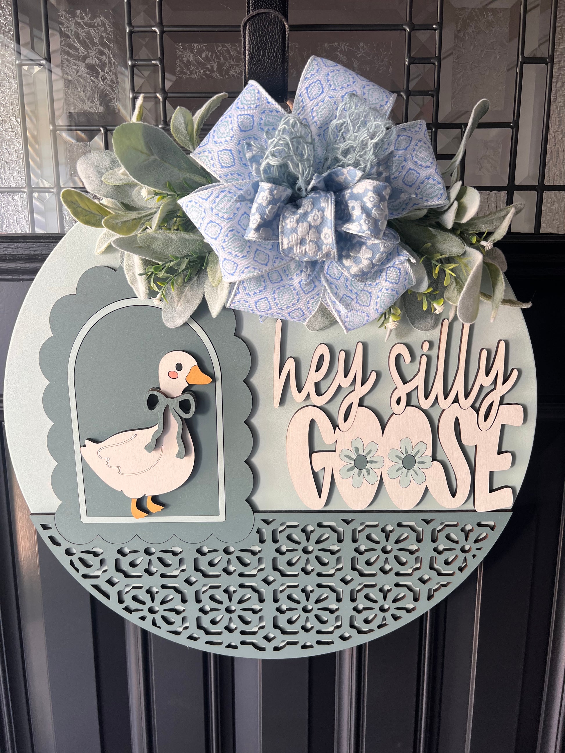 hey silly goose door hanger blue green 18 inch round wooden front door decor