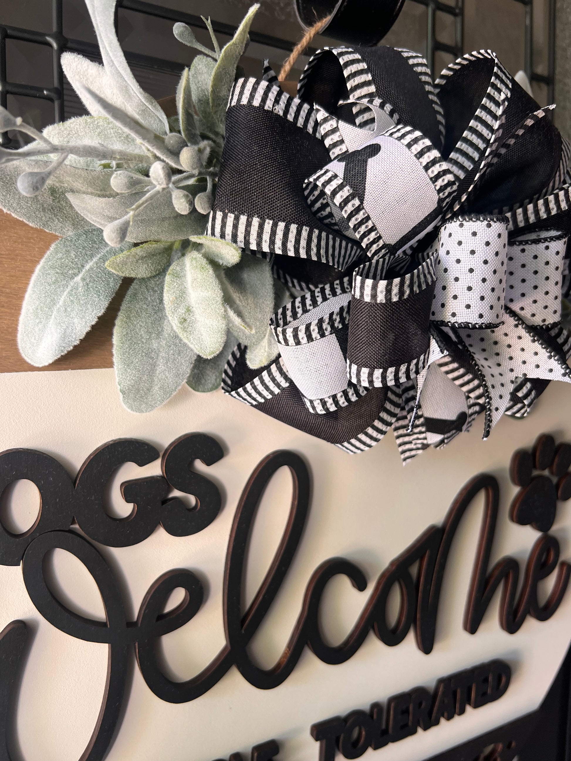 humorous pet decor wood sign with bow greenery