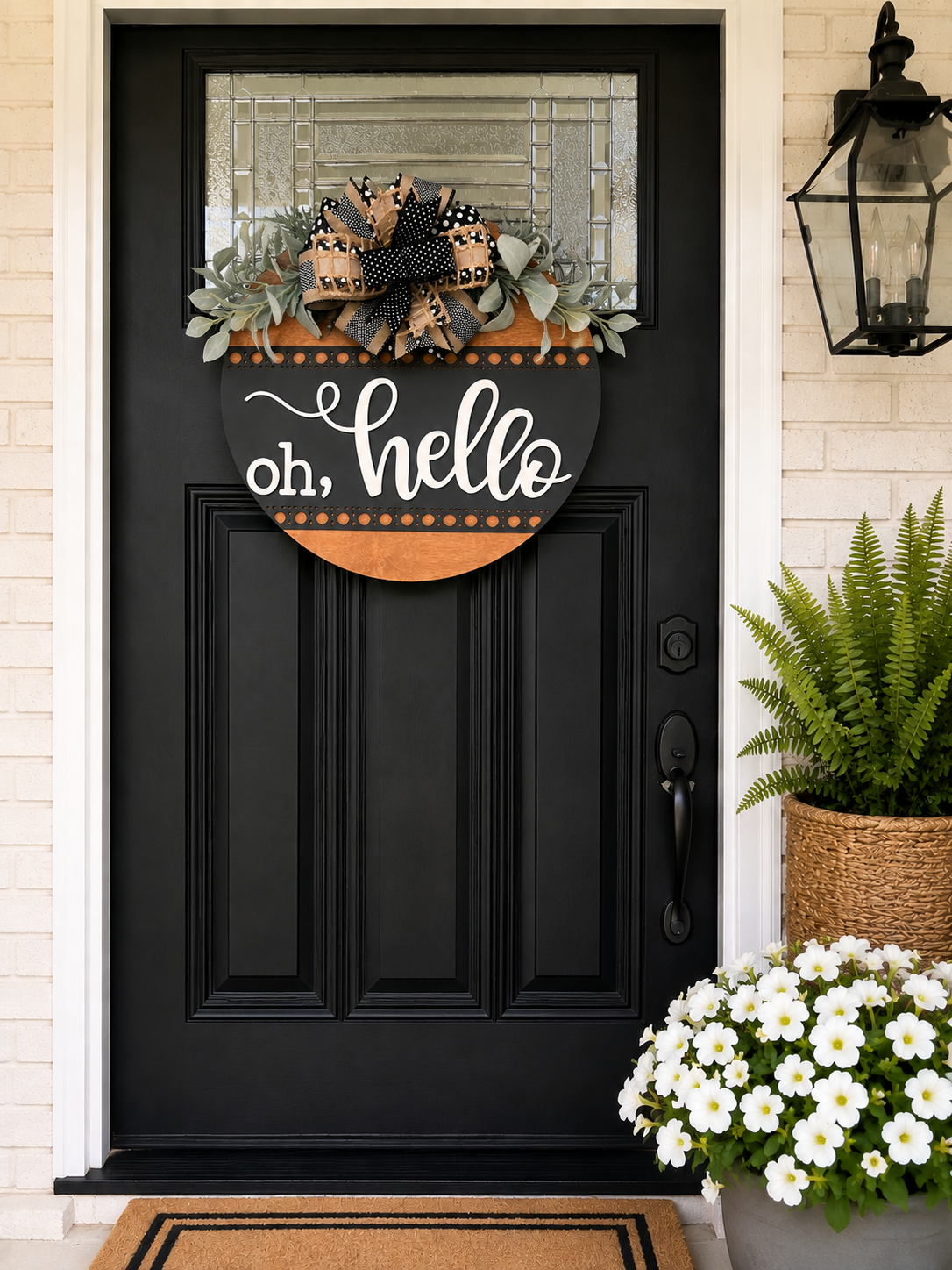 Oh hello charcoal door hanger lifestyle mockup showing full design with rattan dot borders and black polka dot burlap bow on front door
