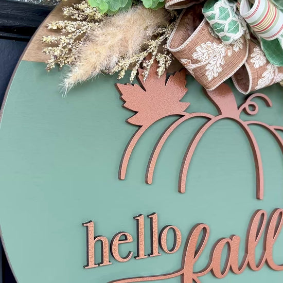 Heirloom Sage and Copper Hello Fall Pumpkin Door Hanger - close up of pumpkin detail