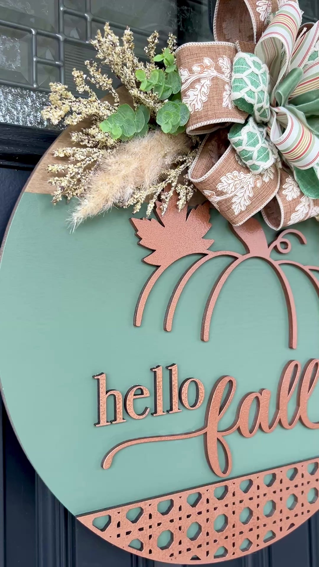 Heirloom Sage and Copper Hello Fall Pumpkin Door Hanger - close up of pumpkin detail
