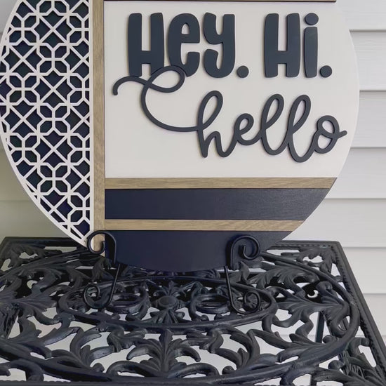 “Hey Hi Hello modern chic black and white door hanger with geometric design”