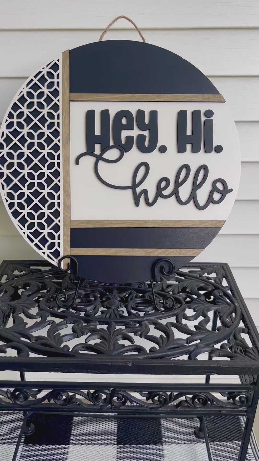 “Hey Hi Hello modern chic black and white door hanger with geometric design”