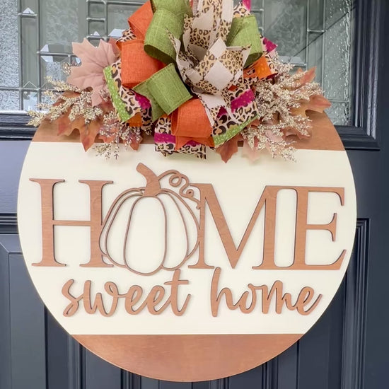 Home Sweet Home fall door hanger with pumpkin design and autumn bow movie 
