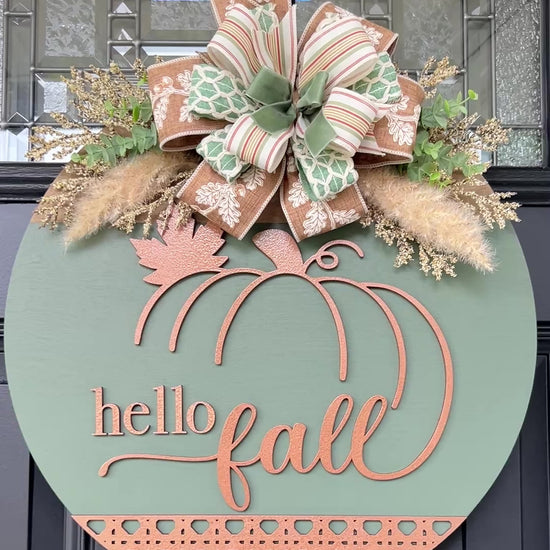 Heirloom Sage and Copper Hello Fall Pumpkin Door Hanger - close up of pumpkin detail. movie 