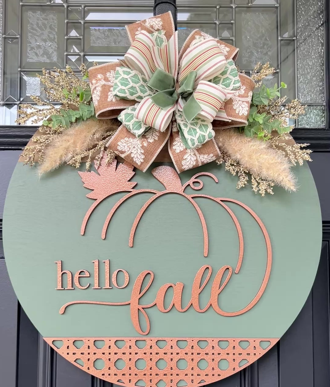 Heirloom Sage and Copper Hello Fall Pumpkin Door Hanger - close up of pumpkin detail. movie 