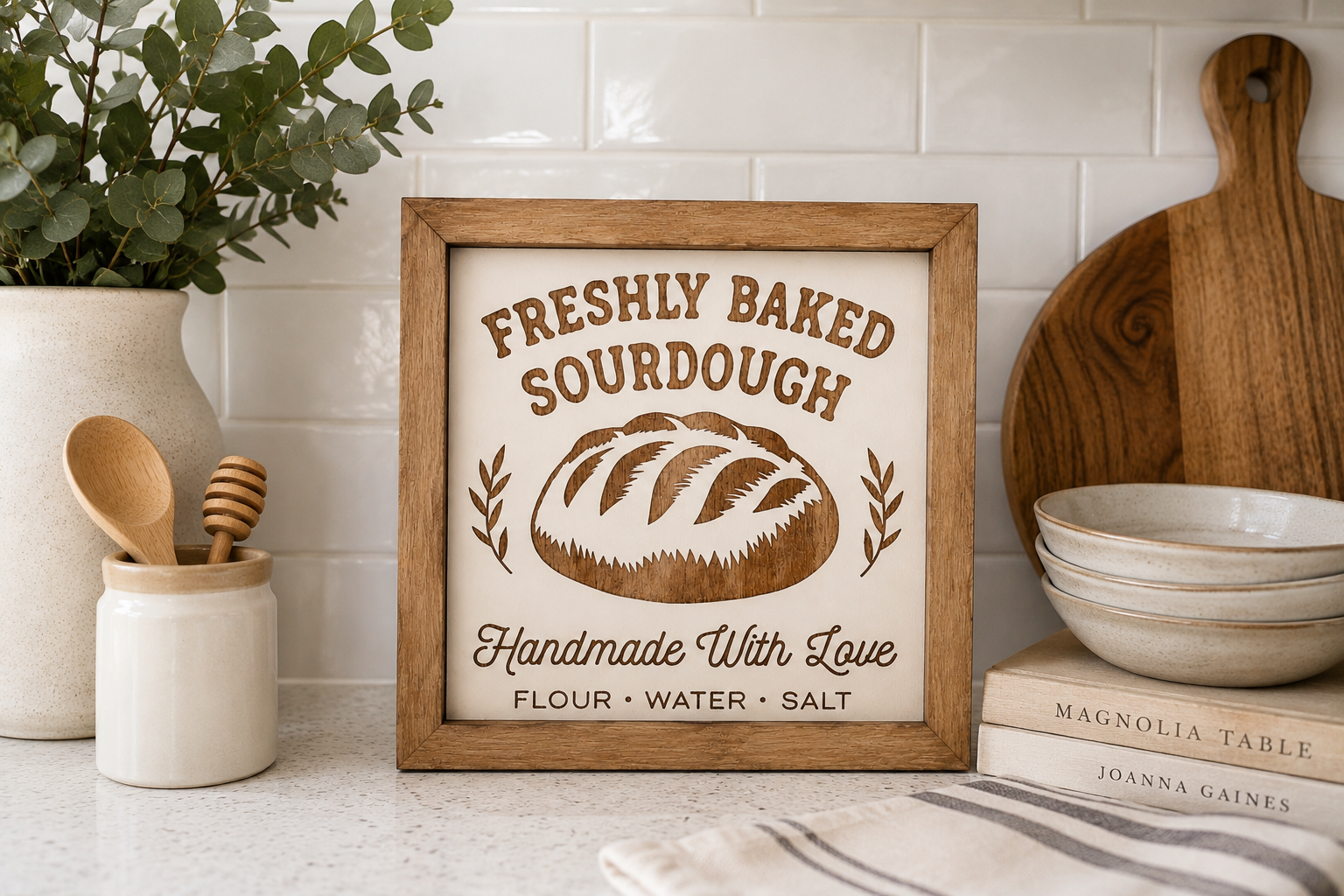 Freshly Baked Sourdough engraved wood sign styled in a farmhouse kitchen with wooden utensils, cutting board, and stacked bowls